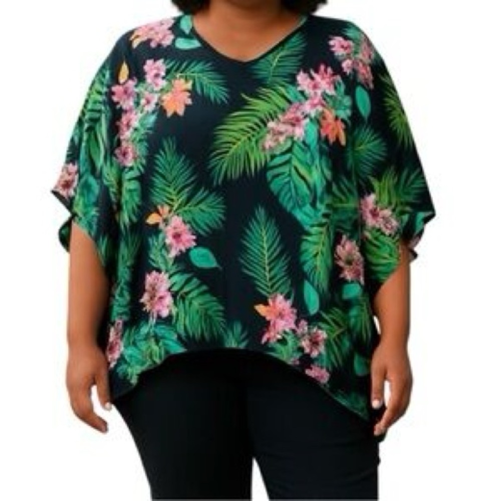 Belle by Kim Gravel Women's Floral Kimono Blouse Black V-Neck 3/4 Sleeve L